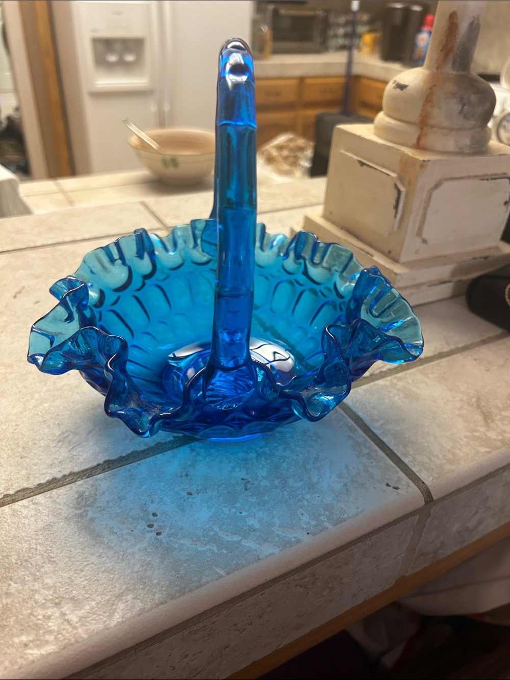 Fenton Cobalt Blue Ruffled Glass Basket - Picture 4 of 4